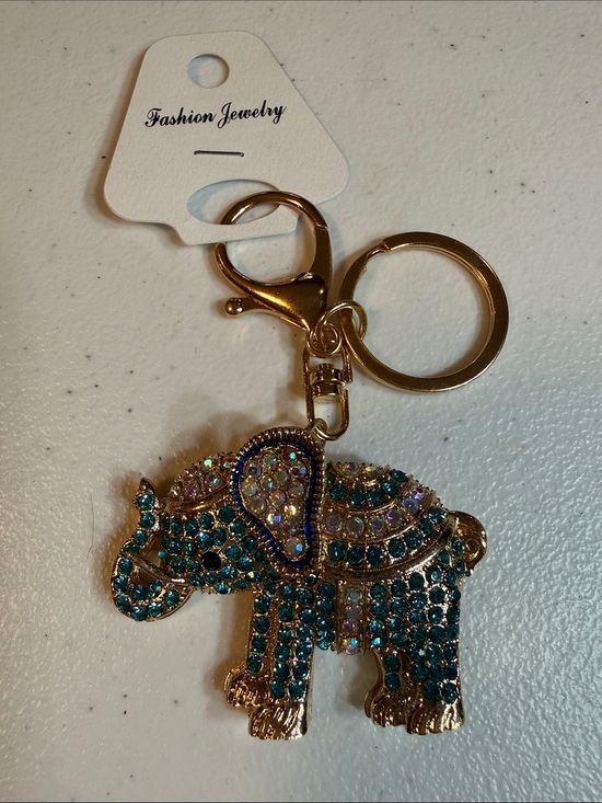 Fashion Jewelry Accessories - Fashion Jewelry Gold Elephant Keychain with Teal and Iridescent Rhinestones